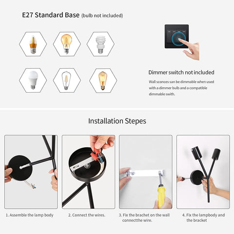 Appliques murales 2-lumières, Lampe murale industrielle Applique murale vintage d'intérieur pour Miroir Chambre Chevet Salon Couloir (noir)