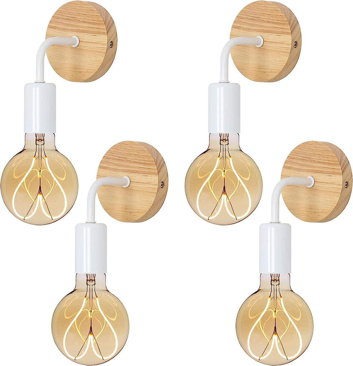 4 pièces Applique Murale Intérieur Bois Vintage Lampe murale E27 Base Pour chambre à coucher, salon, couloir, entrée Blanc