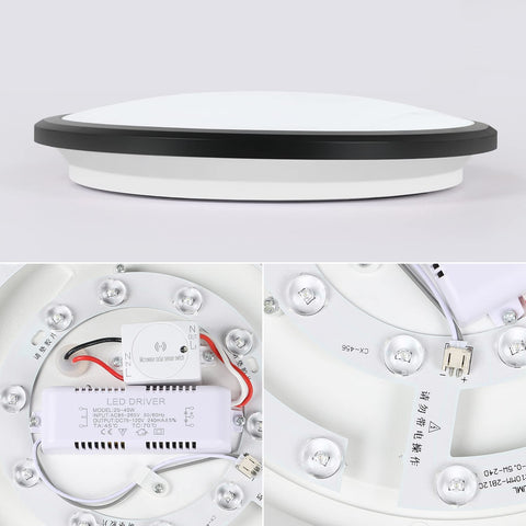LED Plafonnier, Rond 24W Lampe de Plafond Moderne, Noir Plafonnier Detecteur de Mouvement, Imperméable IP54, Antipoussière, Lampe LED Interieur for Salle de Bain, Balcon, Couloir, Entrée, 6000K