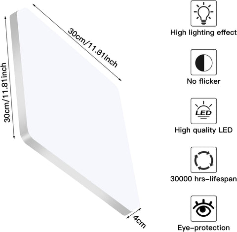 Plafonnier LED Carré, Lampe de Plafond LED, IP44 Plafonnier LED, Luminaire Plafonnier Applicable à Salle De Bain, Salon, Cuisine, Chambre, Couloir, Balcon 48W 6500K （30x30CM）