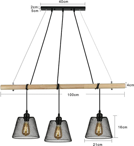 3 Lampes Suspension Luminaire Vintage Industrielle, Lustre en bois d'épissure suspendus au design industriel, lustre salon industriel avec douille E27, lampe pendante en acier pour Salle à Manger