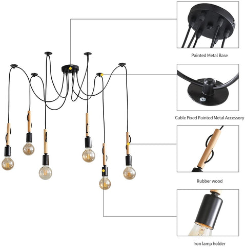 Suspension Luminaire Induistrielle Lampe 6 têtes Réglable Lustre en Bois Plafonnier Industriel Vintage E27 avec 1.8m Fil pour Salle à Manger, Salon, Bar, Restaurant