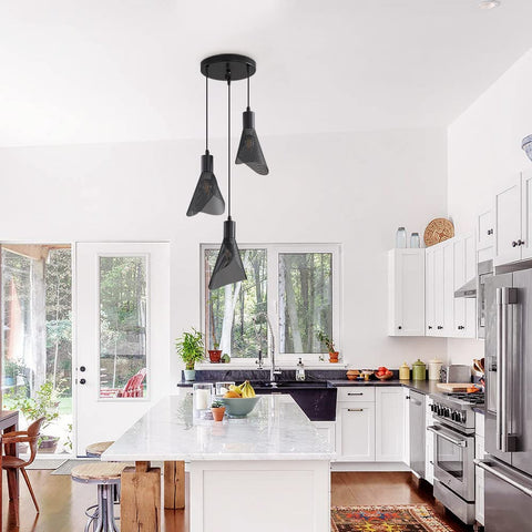 Suspension Luminaire Industriel, Plafonnier Vintage Noir, Lustre avec Abat-jour PVC pour Chambre, Salon, Restaurant, Bar, 3 Lumières E14(Sans Ampoule)