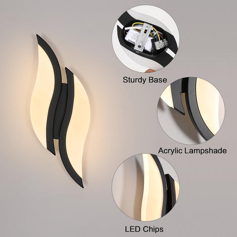 Applique Murale LED Intérieure Moderne, Lampe Murale 12W 1350LM, Éclairage Acrylique 3000K Blanc Chaud, Luminaire Noir pour Salon, Chambre, Escalier