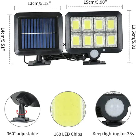 Lampe Solaire Extérieur, Lumière solaire avec Detecteur de Mouvement, Lampe de Sécurité avec Câble de 5M Étanche IP65, 160 LED 3 Modes, pour Cabanon Garage Jardin Balcon