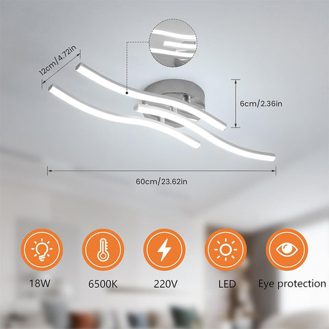 Plafonnier LED, Suspension Luminaire en forme de vague, LED intégrées 18W 1600 Lumen, lustre moderne pour salon ou cuisine, 220V IP20 lumière Blanc Froid 6500K