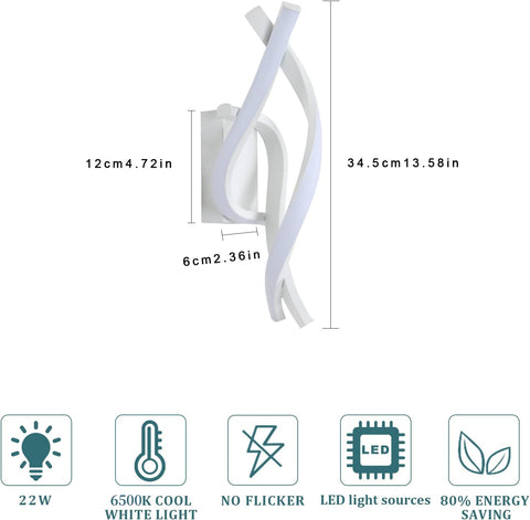 Applique Murale LED Moderne Forme en Spirale Lampe murale Blanc Froid 6000K Pour chambre à coucher, salon, couloir, entrée