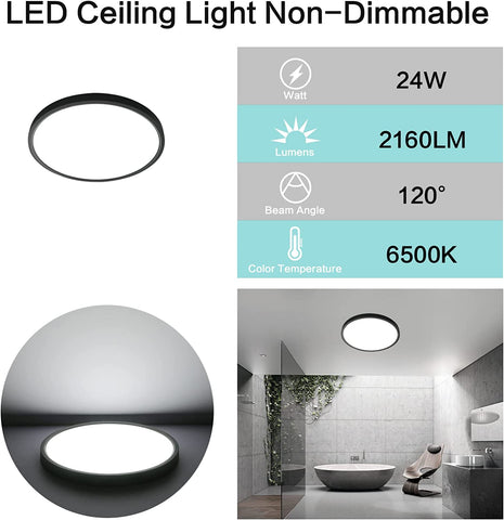 Plafonnier LED Ultra Mince 24W, Luminaire Rond Noir 6500K Blanc Froid, 2160LM, IP50, Ø30cm, Pour Chambre, Salon, Couloir, Balcon, Salle de Bain, Bureau