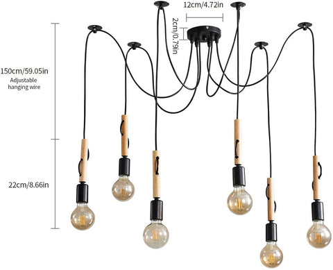 Suspension Luminaire Induistrielle Lampe 6 têtes Réglable Lustre en Bois Plafonnier Industriel Vintage E27 avec 1.8m Fil pour Salle à Manger, Salon, Bar, Restaurant
