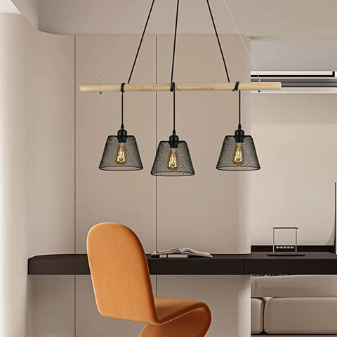 3 Lampes Suspension Luminaire Vintage Industrielle, Lustre en bois d'épissure suspendus au design industriel, lustre salon industriel avec douille E27, lampe pendante en acier pour Salle à Manger