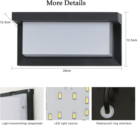 Applique Murale Exterieure 16W, Lampe Murales LED Etanche IP65, Appliques Extérieure Imperméable carrée pour balcon terrasse de jardin, blanc froid 6500K, noir