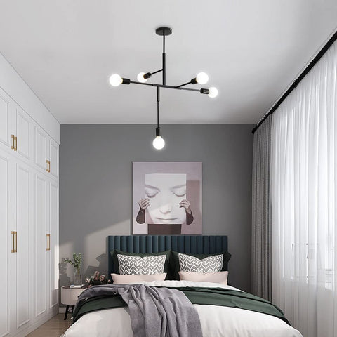 Lustre Industriel Vintage Base E27, Plafonnier Moléculaire Spoutnik à 5 Lumières, Suspension d'intérieur en Métal Géométrique Semi-Encastré pour Salon, Chambre, Salle à Manger et Cuisine (Noir)