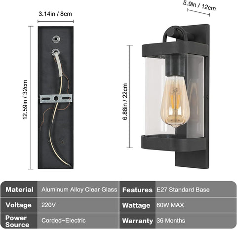 Applique Murale Extérieure, Lampe Murale Exterieur E27 Industrielle abat-jour en Verre Transparent IP54, Mural Rétro Applique Lampe pour Salon, Couloir, Escaliers(Sans Ampoule)