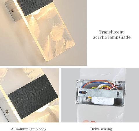 2 Pcs Applique Intérieure12W, 3000K Lumière Blanche Chaude Applique Led Intérieur Plume Acrylique, Eclairage mural moderne Ledpour chambre, salon, couloir, cage d'escalier (Argent)