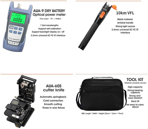 16pcs/kit Outils à Fibre FTTH avec Photomètre Fibre Optique, Cliveuse Fibre Optique AUA-60S, Localisateur visuel de défauts 10 km