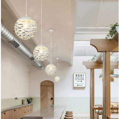 Lampe suspendue ajourée Lustre Tete Simple Lampe sculptée en fer forgé pour salle à manger (Blanc, 20cm)