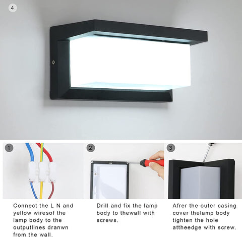 Applique Murale Exterieure 16W, Lampe Murales LED Etanche IP65, Appliques Extérieure Imperméable carrée pour balcon terrasse de jardin, blanc froid 6500K, noir