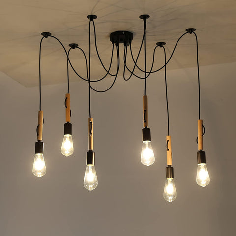 Suspension Luminaire Induistrielle Lampe 6 têtes Réglable Lustre en Bois Plafonnier Industriel Vintage E27 avec 1.8m Fil pour Salle à Manger, Salon, Bar, Restaurant