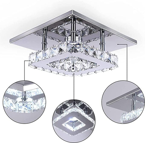 Plafoniera cristallo a LED 3000K,Quadrato Lampadario Soggiorno in Cristallo, LED Integrati 15W Lampadario cucina,Cristallo Plafoniere led a Soffitto Modern acciaio inossidabile lampada da soffitto