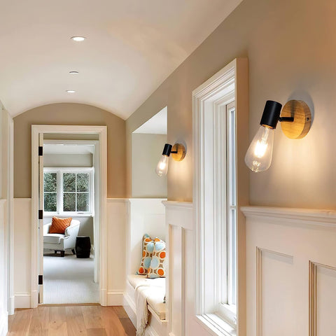 2 pièces Applique Murale Intérieur Bois Vintage Lampe murale Pour chambre à coucher, salon, couloir, entrée E27 Base