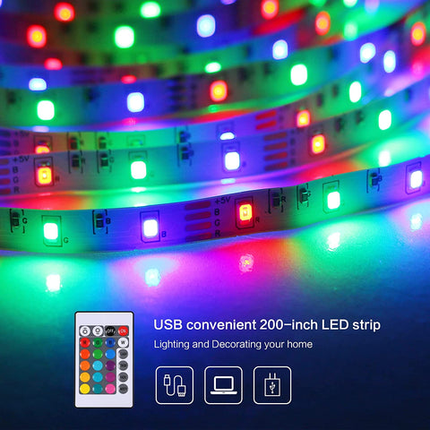 Ruban LED 5M, LED chambre RGB Lumineuse Flexible, Bande LED Lumière LED multicolore avec Télécommande pour Chambre, Cuisine, TV, Fête