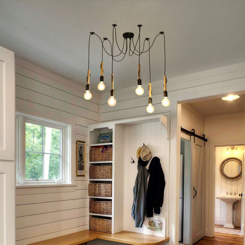Suspension Luminaire Induistrielle Lampe 6 têtes Réglable Lustre en Bois Plafonnier Industriel Vintage E27 avec 1.8m Fil pour Salle à Manger, Salon, Bar, Restaurant