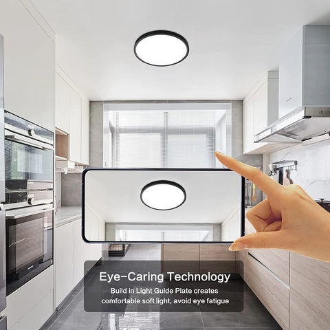 Plafonnier LED Ultra Mince 24W, Luminaire Rond Noir 6500K Blanc Froid, 2160LM, IP50, Ø30cm, Pour Chambre, Salon, Couloir, Balcon, Salle de Bain, Bureau