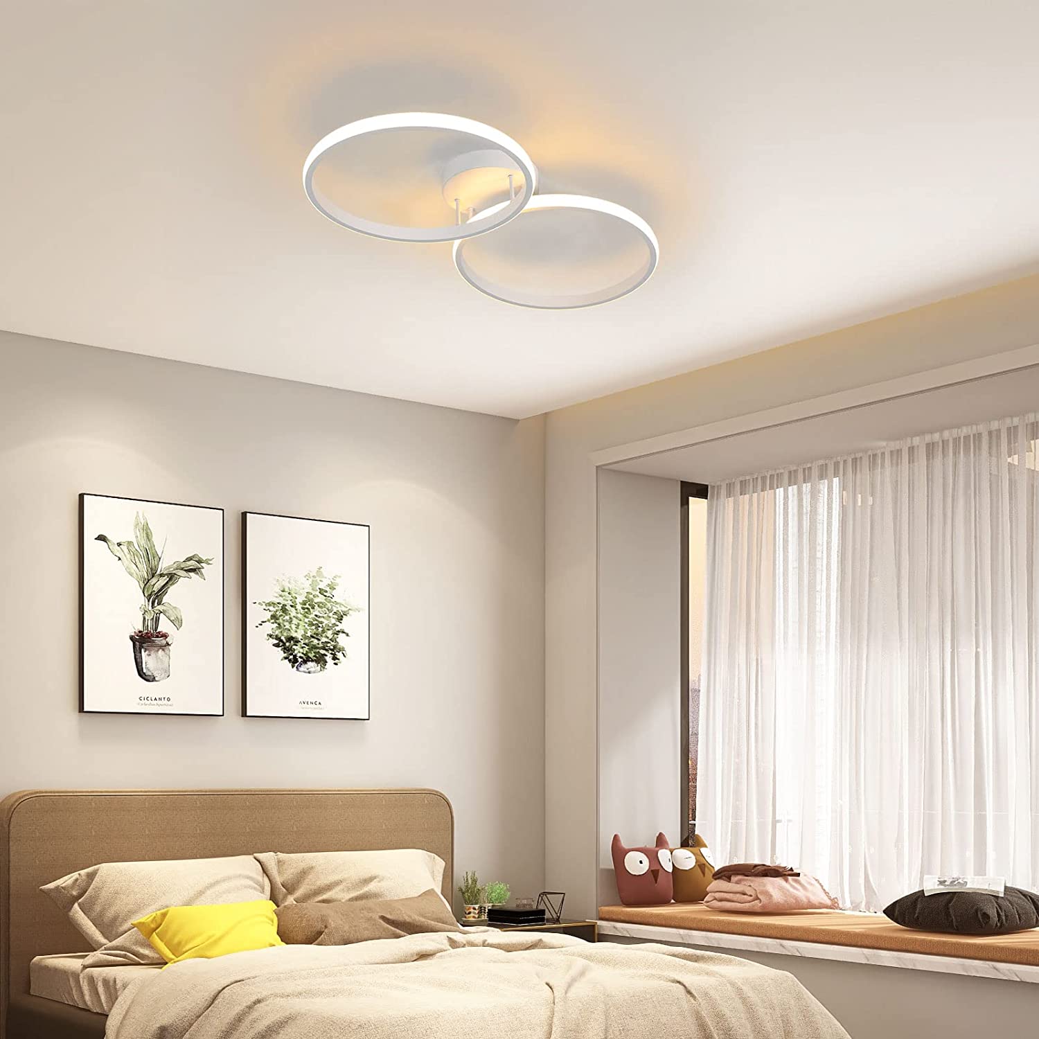 Plafonnier LED moderne 36W, luminaire plafonnier design créatif à double anneau, Lampe de plafond en métal de mode blanc