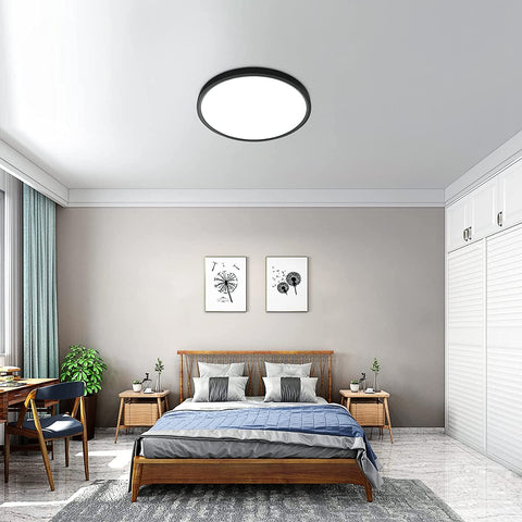 Plafonnier LED Ultra Mince 24W, Luminaire Rond Noir 6500K Blanc Froid, 2160LM, IP50, Ø30cm, Pour Chambre, Salon, Couloir, Balcon, Salle de Bain, Bureau