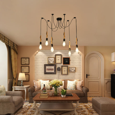 Suspension Luminaire Induistrielle Lampe 6 têtes Réglable Lustre en Bois Plafonnier Industriel Vintage E27 avec 1.8m Fil pour Salle à Manger, Salon, Bar, Restaurant