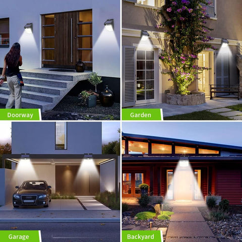 2 pièces Applique solaire Extérieur 288 LED Détecteur de Mouvement Lampe murale LED Blanc Froid 6000K Pour Cour Jardin Couloir Terrasse Proche Mur Pathway Patio Villa