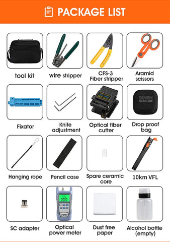 16pcs/kit Outils à Fibre FTTH avec Photomètre Fibre Optique, Cliveuse Fibre Optique AUA-60S, Localisateur visuel de défauts 10 km