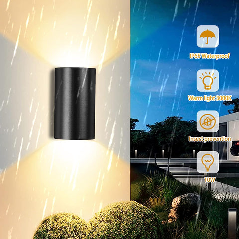 Applique Murale Extérieure 10W Lampe murale LED Blanc Chaud 3000K étanche IP65 Pour Entrée Couloir Cour Jardin Terrasse Balcon Garage Noir
