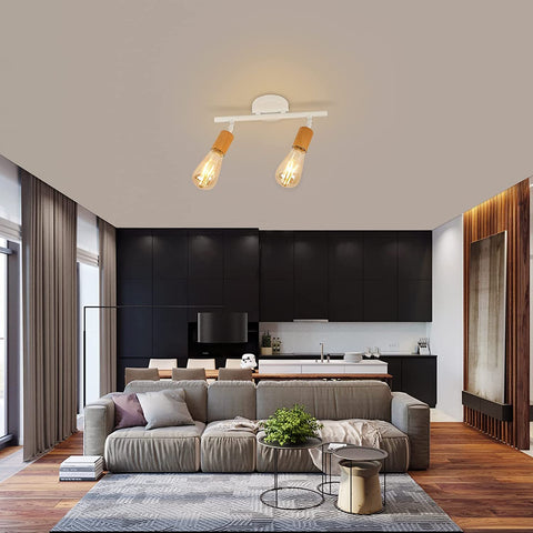 Plafonnier LED 2 Spots Orientables, Bois Luminaire Plafond LED Blanc, Éclairage de Plafond Intérieur pour Cuisine, Salon, Chambre, Couloir, Sans Ampoules, Max 60W