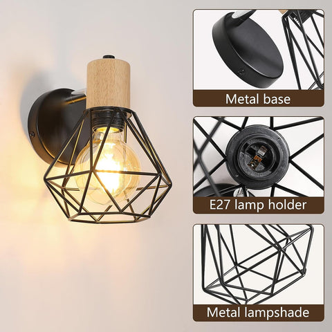 Applique Murale Intérieur Vintage – Lampe Murale en Bois Design, Douille E27, Éclairage pour Chambre, Salon, Couloir, Entrée – Ampoule Non Incluse