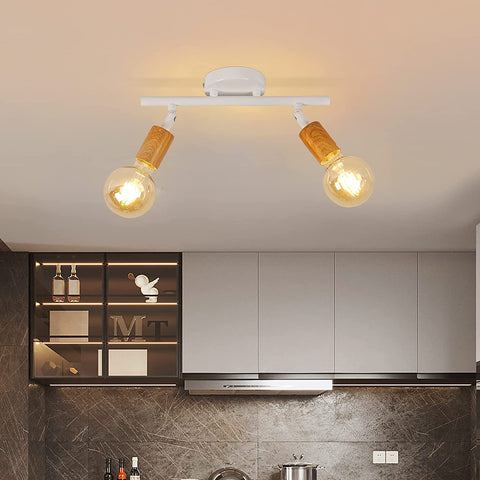 Plafonnier LED 2 Spots Orientables, Bois Luminaire Plafond LED Blanc, Éclairage de Plafond Intérieur pour Cuisine, Salon, Chambre, Couloir, Sans Ampoules, Max 60W