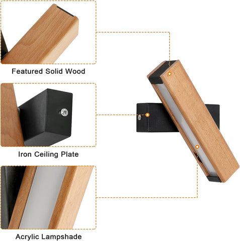 Applique Murale LED Bois Rotative Moderne Rectangle Lampe murale Blanc Froid 6000K 4.5W Pour chambre à coucher, salon, couloir, entrée