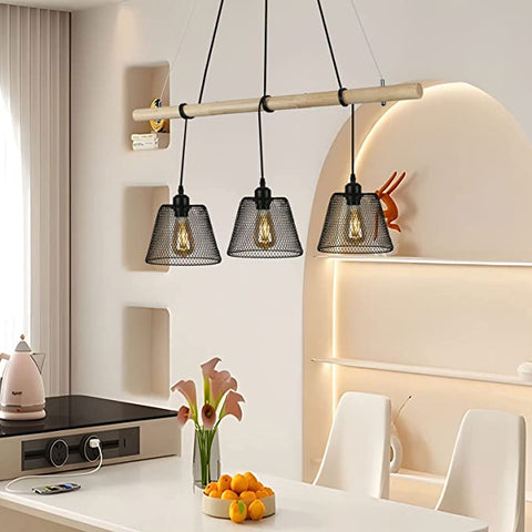 3 Lampes Suspension Luminaire Vintage Industrielle, Lustre en bois d'épissure suspendus au design industriel, lustre salon industriel avec douille E27, lampe pendante en acier pour Salle à Manger