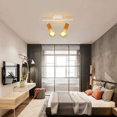 Plafonnier LED 2 Spots Orientables, Bois Luminaire Plafond LED Blanc, Éclairage de Plafond Intérieur pour Cuisine, Salon, Chambre, Couloir, Sans Ampoules, Max 60W