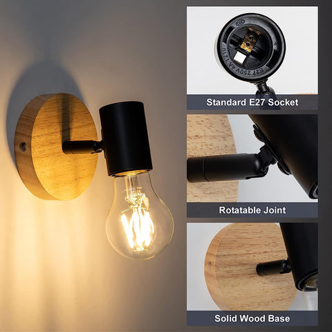 2 pièces Applique Murale Intérieur Bois Vintage Lampe murale Pour chambre à coucher, salon, couloir, entrée E27 Base