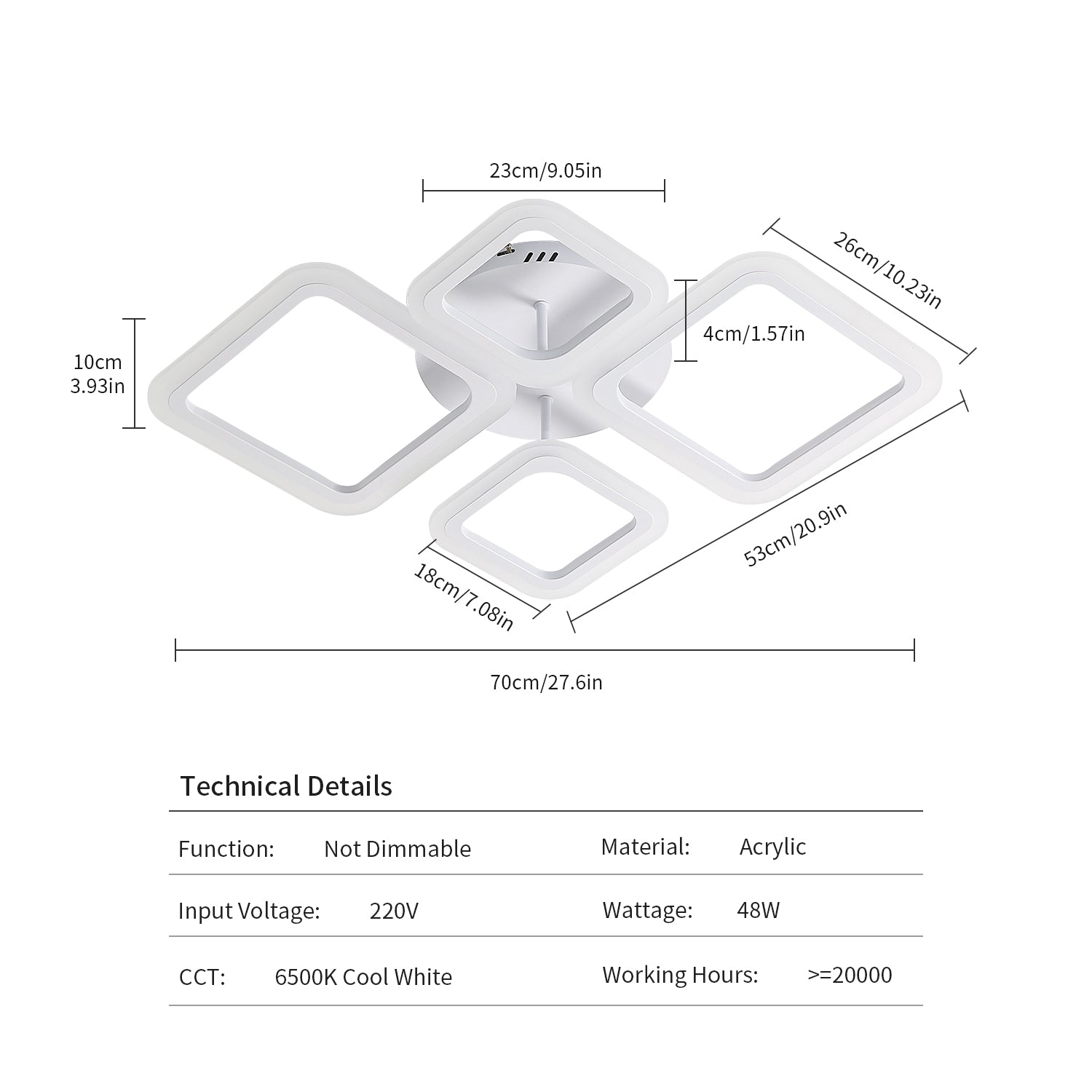 Tableau des dimensions des plafonniers
