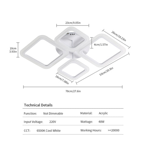 Tableau des dimensions des plafonniers
