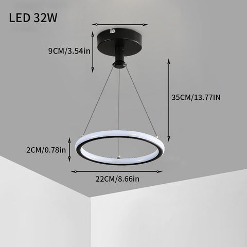 Modern Led Suspension Anneau 32W Suspension de Table à Manger à Led Moderne Lustre Acrylique Led, 220V, 22CM Lustre Led Plafonnier pour Salon, Salle à Manger, Couloir, Café, Comptoir de Bar, Noir