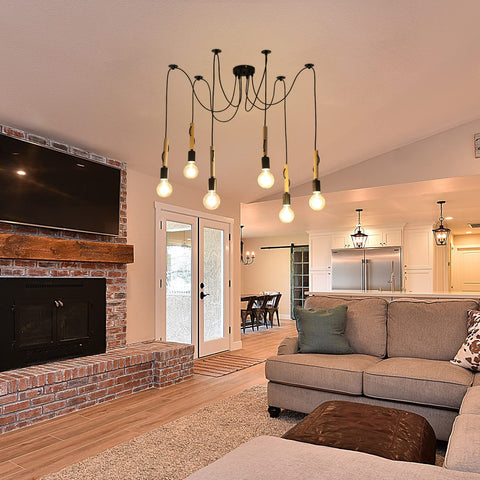 Suspension Luminaire Induistrielle Lampe 6 têtes Réglable Lustre en Bois Plafonnier Industriel Vintage E27 avec 1.8m Fil pour Salle à Manger, Salon, Bar, Restaurant