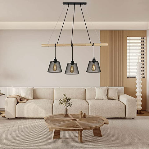 3 Lampes Suspension Luminaire Vintage Industrielle, Lustre en bois d'épissure suspendus au design industriel, lustre salon industriel avec douille E27, lampe pendante en acier pour Salle à Manger