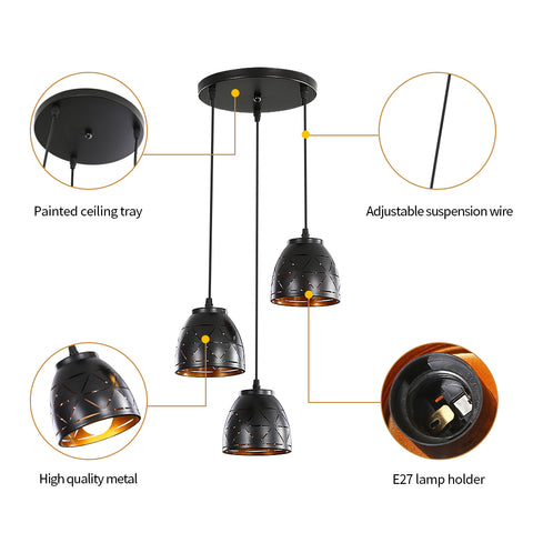 3 Lampes Suspension Rétro, Lustre Industriel en Creux Sculpté, E27 Lampe de Plafond Vintage en Metal, Eclairage pour Salon Cuisine Couloir Restaurant Loft Café Bar
