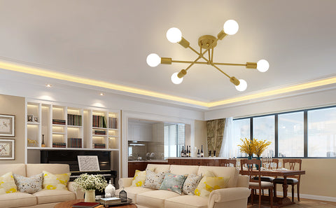 Plafonnier LED Moderne, Rétro Lustre Lampe Suspension Vintage 6 Lumières E27 Base, Lustre Luminaire en Métal Lampe pour Salon Chambre Cuisine Couloir Loft salle à manger Bar Café, Or (Sans ampoules)