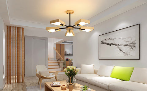 Suspension Bois , De Salon Lustre Lampe Luminaire pour éclairage Intérieur, Bois Cinq Lumières Géométrique Pendentif Lumières pour 5 Ampoules E27 (Sans Ampoule)