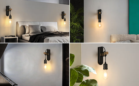 Appliques en bois E27, Applique murale rétro LED, Lampe de chevet mural pour Salle de coucher, Salon, Escalier, max 40W